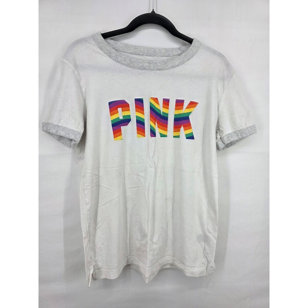 Victoria's Secret PINK Rainbow Logo Ringer T-Shirt White Gray XS
